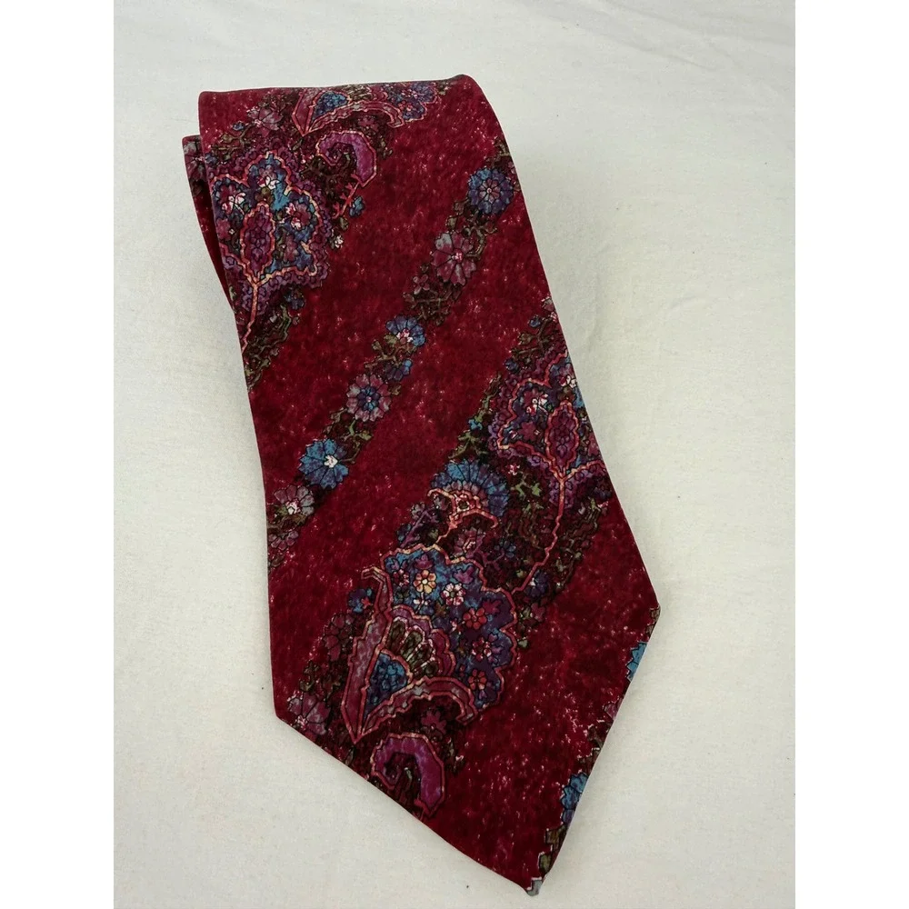 Le Bil's Mens Silk‎ Tie Burgundy Paisley Floral Striped Made in USA Necktie
